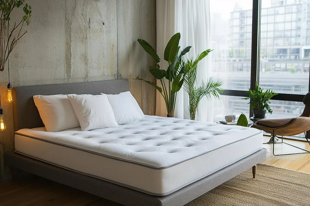 Colchón con topper en un dormitorio de estilo loft